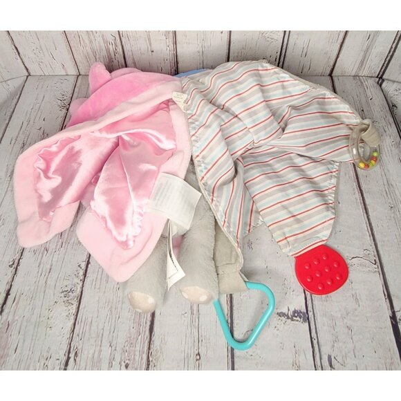 12" Lot of 3 Modern Baby Elephant Security Blanket Lovey Plush Grey Pink Rattle - Picture 3 of 3